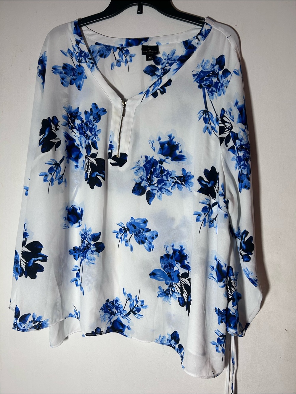 Wortington 3X White & Blue Floral Zip-Front Blouse Mom Core Tunic